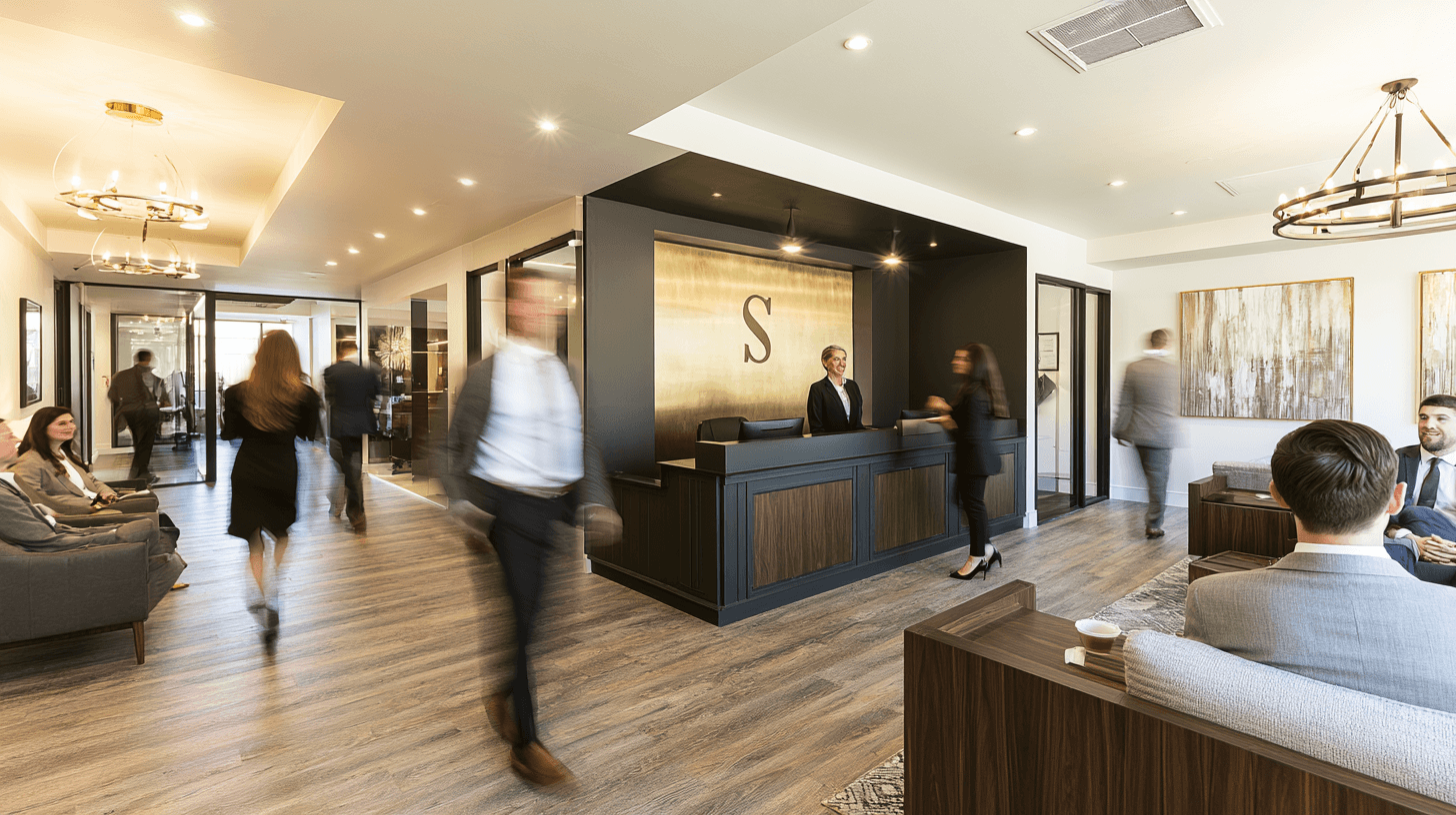 Busy modern law firm lobby during business hours with staff and clients